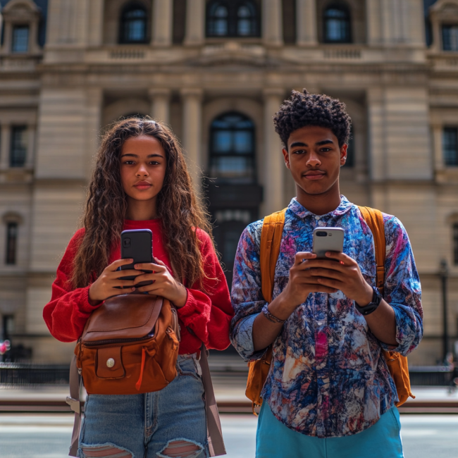 An image generated using artificial intelligence to represent students in Philadelphia engaging with technology.