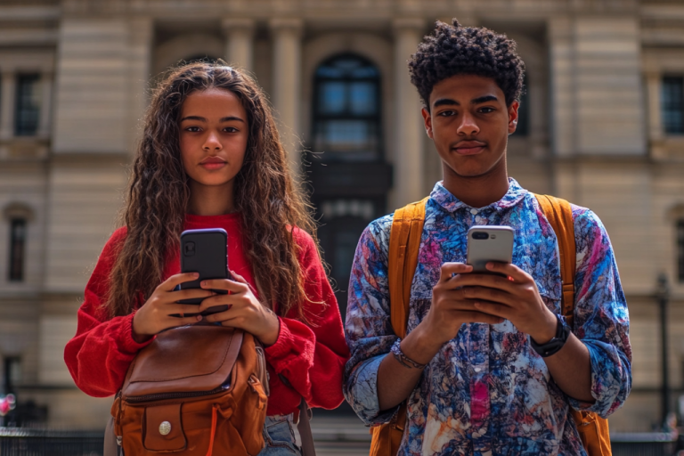 An image generated using artificial intelligence to represent students in Philadelphia engaging with technology.