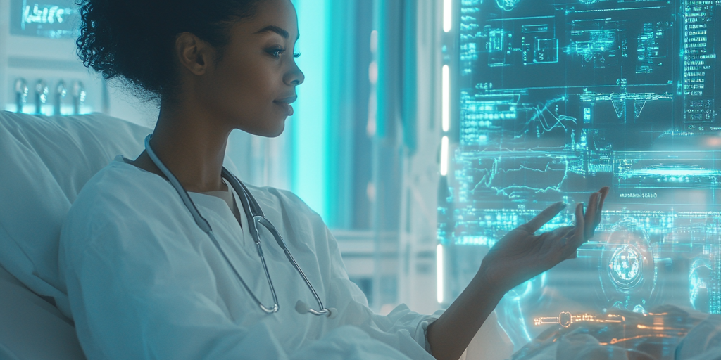 Black woman in a futuristic hospital interacting with holographic medical data, illustrating AI in healthcare