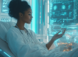 Black woman in a futuristic hospital interacting with holographic medical data, illustrating AI in healthcare