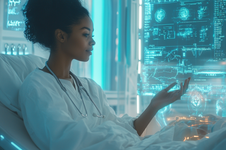Black woman in a futuristic hospital interacting with holographic medical data, illustrating AI in healthcare