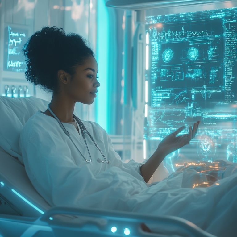 Black woman in a futuristic hospital interacting with holographic medical data, illustrating AI in healthcare