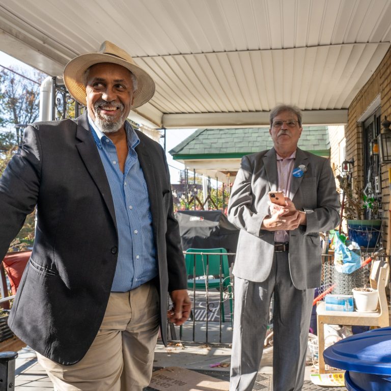 Maurice Sampson (left) and Michael Kleiner (right), elected Democratic committeepeople in the 22nd Ward’s 6th Division, knock on every door to stop and speak with neighbor.