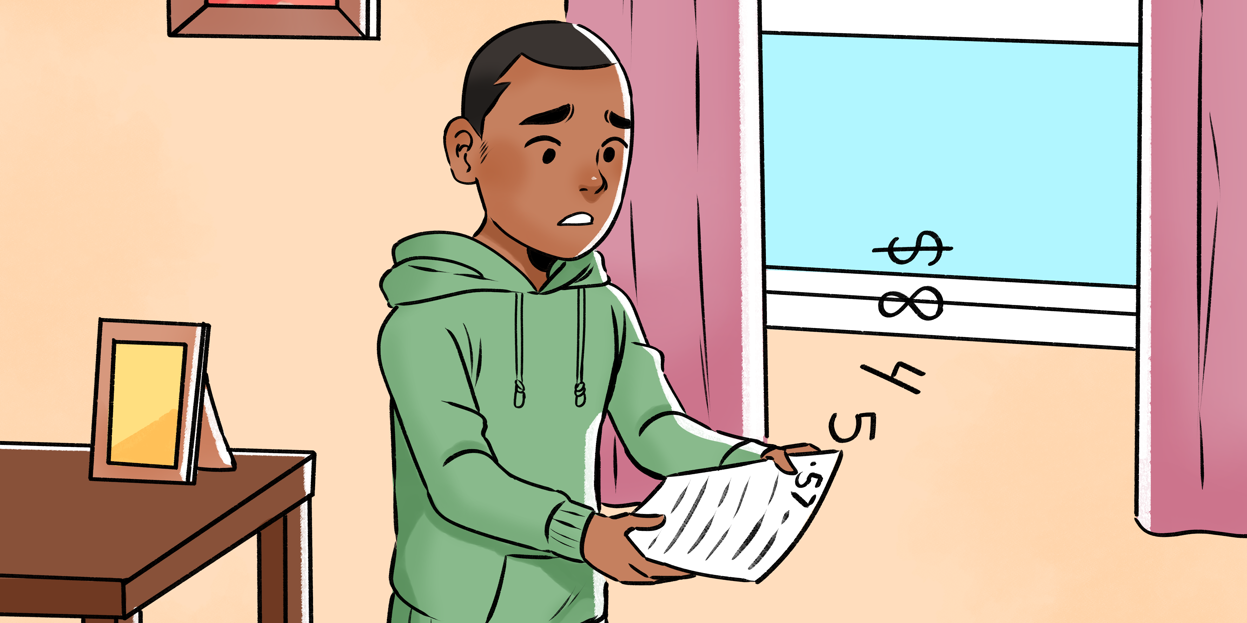 Dylan B Caleho illustration ResolveSpotlightPA story An illustration of a boy looking at a page with dollars flying off of it.