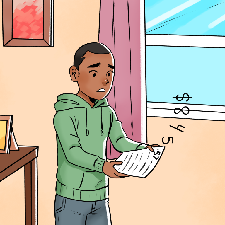 An illustration of a boy looking at a page with dollars flying off of it.