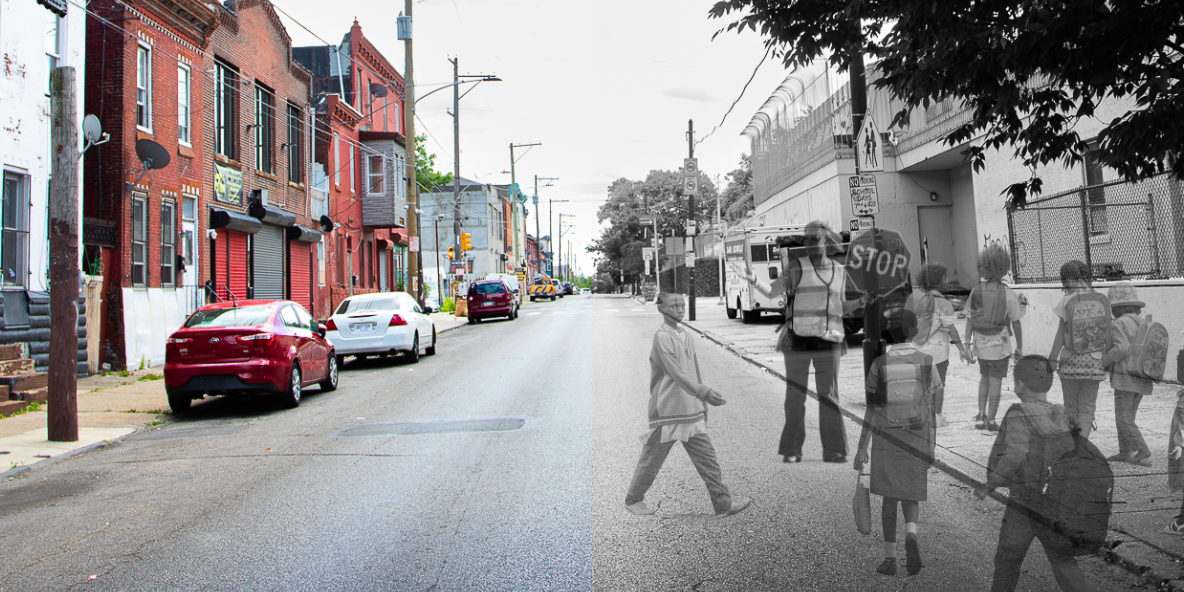 A photo illustration of the neighborhood near Fairhill Elementary School in Philadelphia