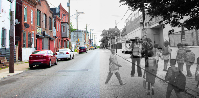 A photo illustration of the neighborhood near Fairhill Elementary School in Philadelphia
