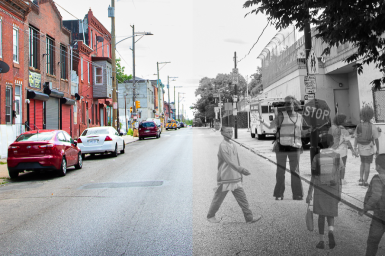 A photo illustration of the neighborhood near Fairhill Elementary School in Philadelphia