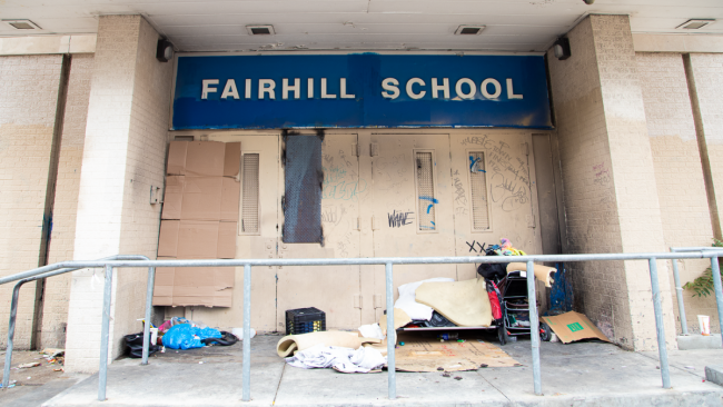 View from the street outside Fairhill Elementary School. The building has been empty since 2013. Photo: Melissa Simpson.
