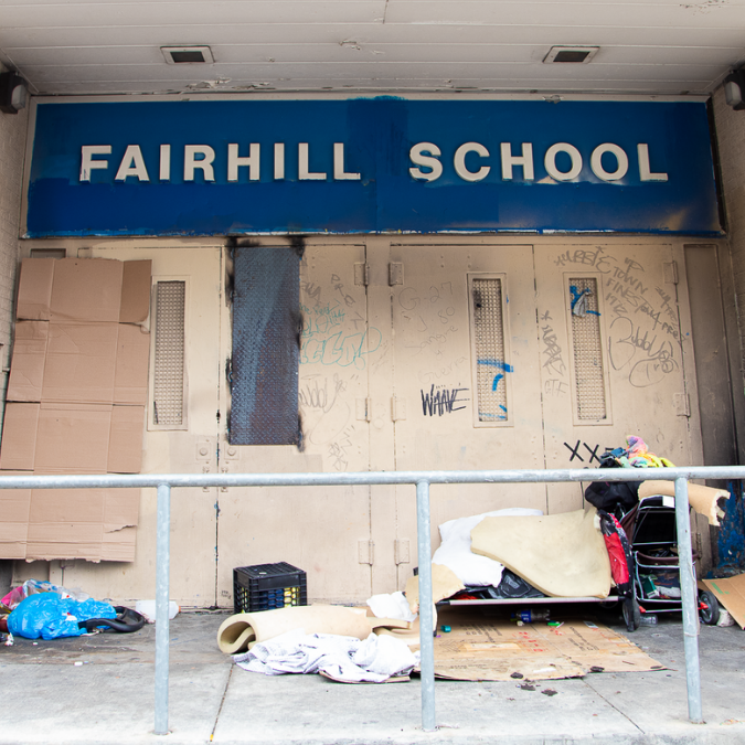 View from the street outside Fairhill Elementary School. The building has been empty since 2013. Photo: Melissa Simpson.