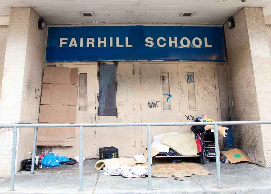 View from the street outside Fairhill Elementary School. The building has been empty since 2013. Photo: Melissa Simpson.