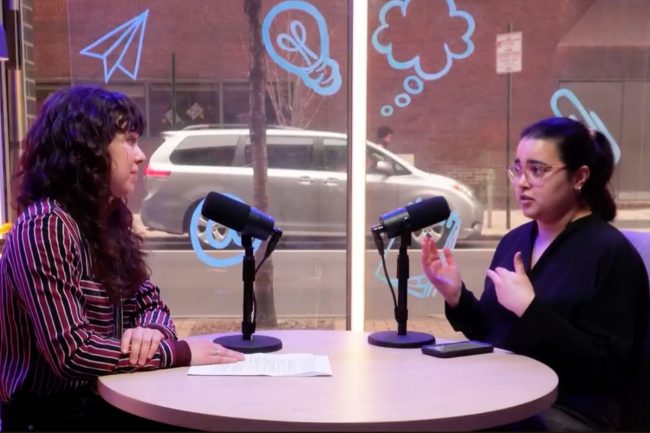 PhillyCAM's Jordana Rubenstein (L) interviews Technical.ly reporter Sarah Huffman (R) about AI policy in Philadelphia (Screenshot/PhillyCAM)
