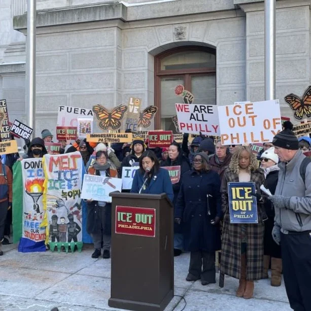 Minority Leader Kendra Brooks and Democratic Councilmember At-Large Rue Landau announced the “ICE Out” package of legislation outside City Hall on Jan. 27, 2026. (Photo courtesy Office of Councilmember Rue Landau)