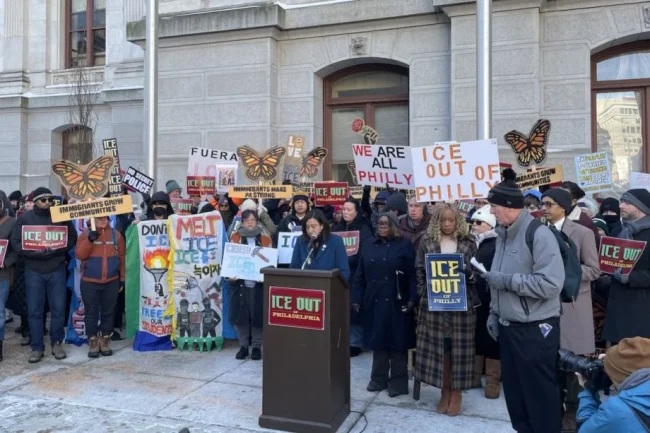 Minority Leader Kendra Brooks and Democratic Councilmember At-Large Rue Landau announced the “ICE Out” package of legislation outside City Hall on Jan. 27, 2026. (Photo courtesy Office of Councilmember Rue Landau)