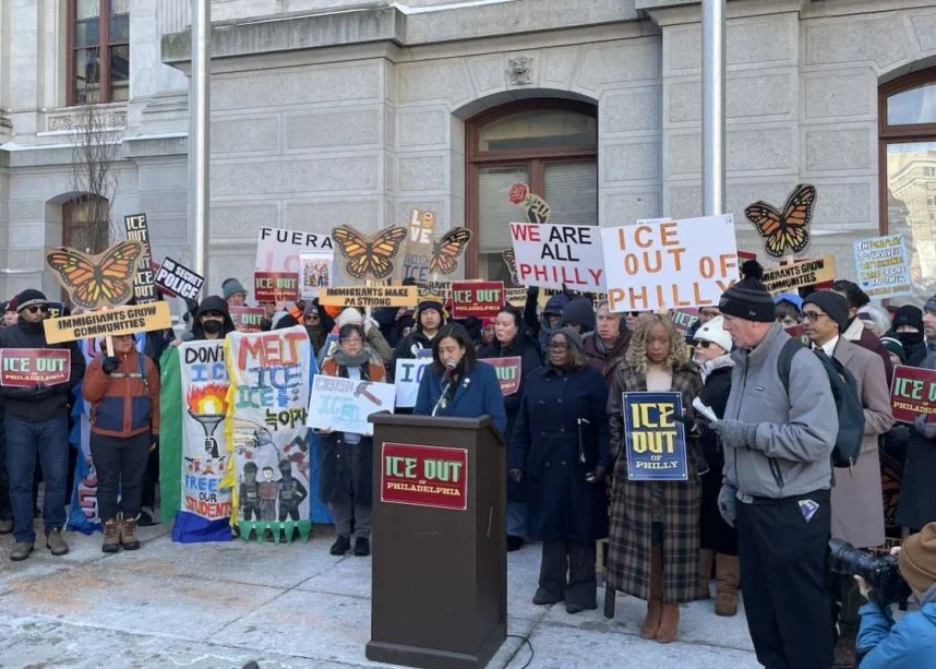 Minority Leader Kendra Brooks and Democratic Councilmember At-Large Rue Landau announced the “ICE Out” package of legislation outside City Hall on Jan. 27, 2026. (Photo courtesy Office of Councilmember Rue Landau)