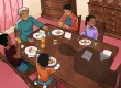 An illustration of a family eating dinner while a shadow hangs over them and the table.