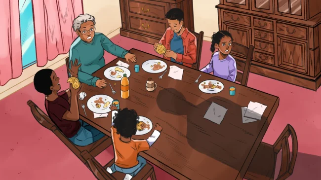 An illustration of a family eating dinner while a shadow hangs over them and the table.