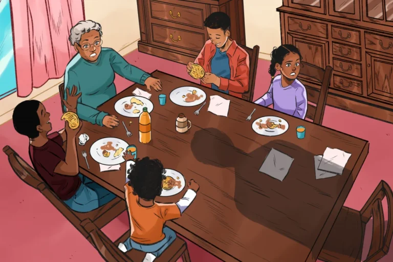 An illustration of a family eating dinner while a shadow hangs over them and the table.
