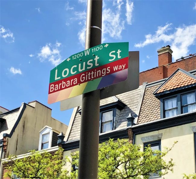 Photo of the street sign on the section of Locust Street honoring Barbara Gittings, the LGBTQ activist.