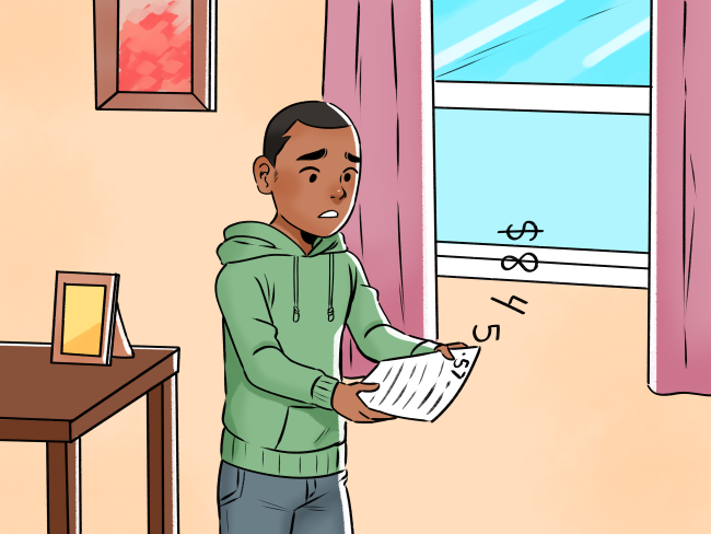 An illustration of a child looking at a paper with dollar amounts flying out the window.