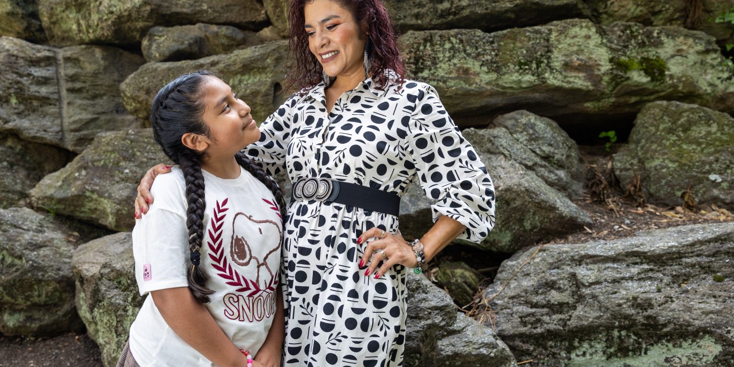 Pamela Plata, director and founder of Folkloric Dance Tonantzin, and her daughter Nicole standing at the Philadelphia Museum of Art.