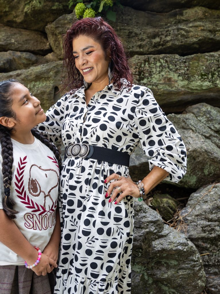 Pamela Plata, director and founder of Folkloric Dance Tonantzin, and her daughter Nicole standing at the Philadelphia Museum of Art.