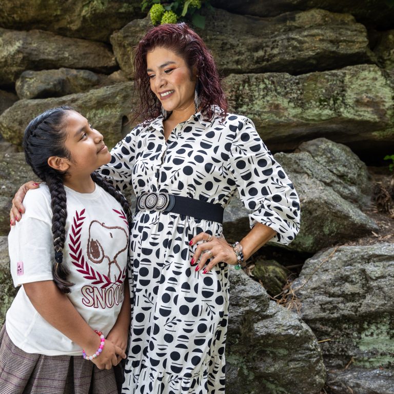 Pamela Plata, director and founder of Folkloric Dance Tonantzin, and her daughter Nicole standing at the Philadelphia Museum of Art.